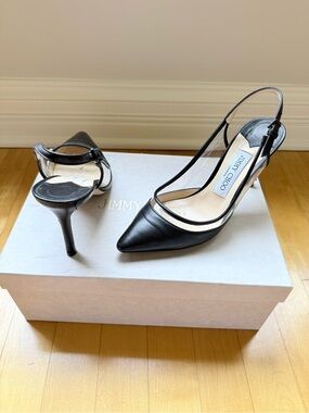 Jimmy Choo Black Pointed Toe Slingback Pumps with Slim Straps